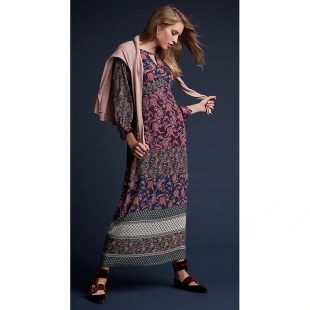 Cabi Festive‎ Floral Maxi Keyhole Boho Burgundy Green Blue Dress Long Sleeve